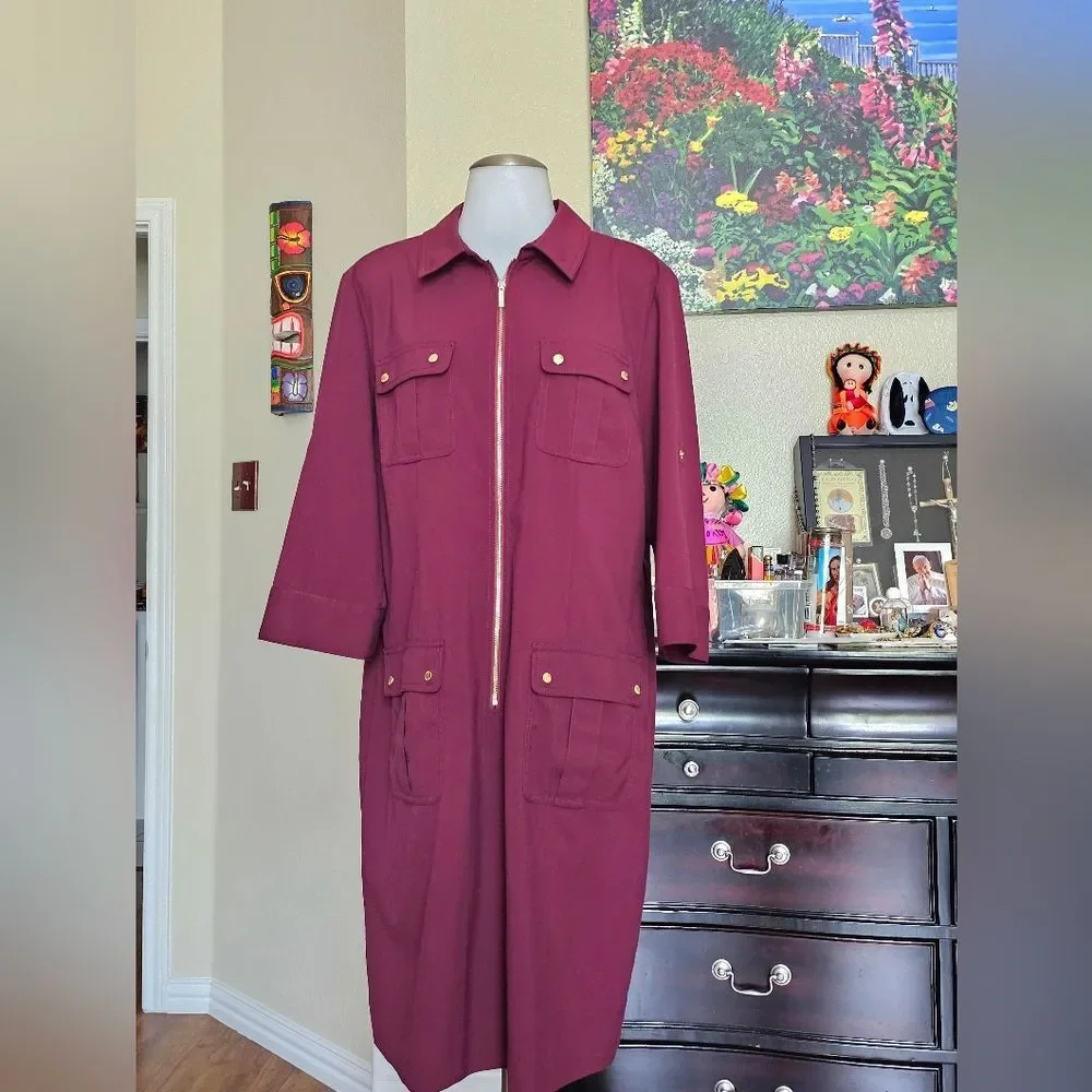 Michael Kors Burgundy Utility Dress with Gold Accents